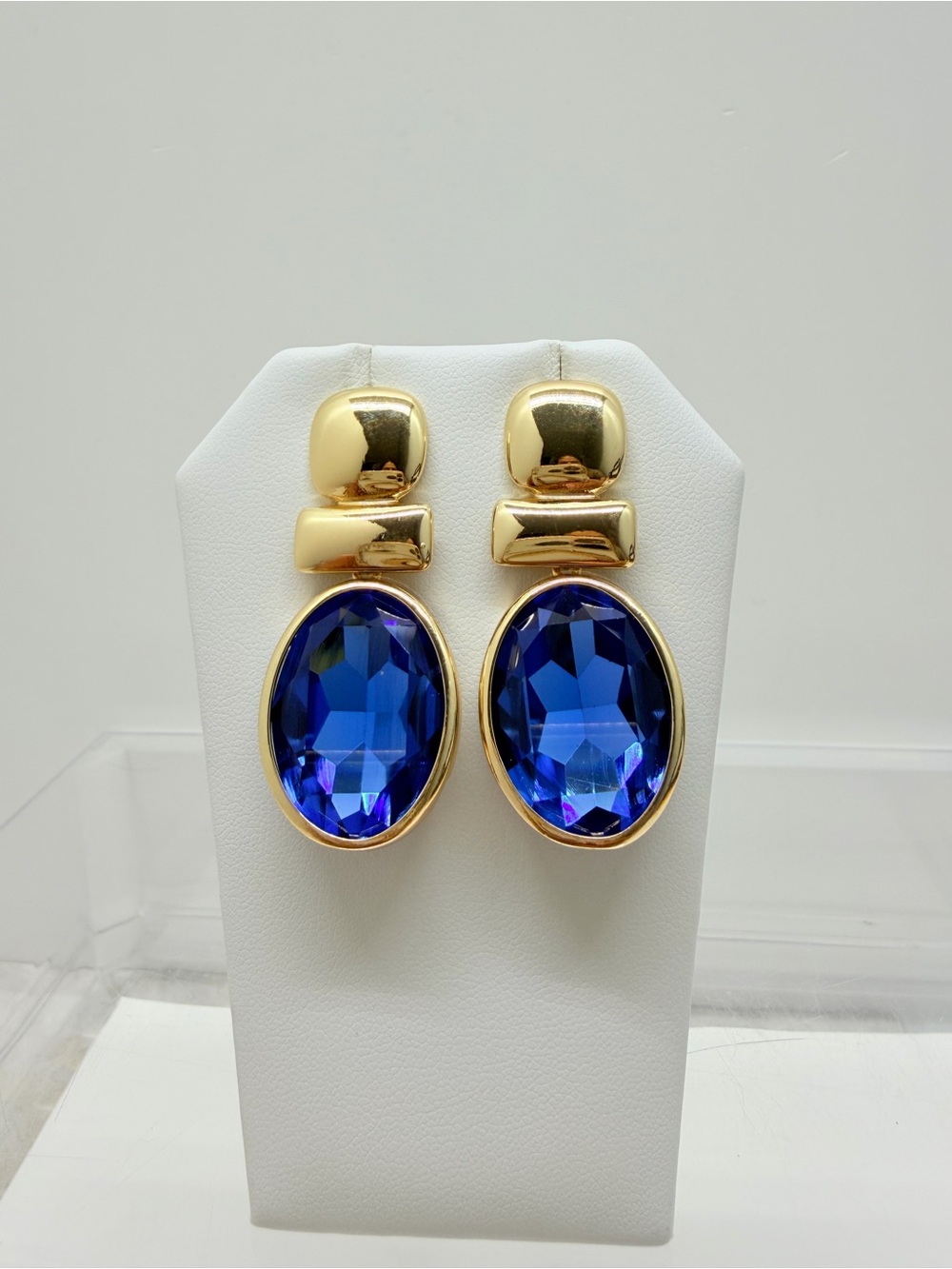 Gold Drop Earrings with Large Blue Oval Crystal